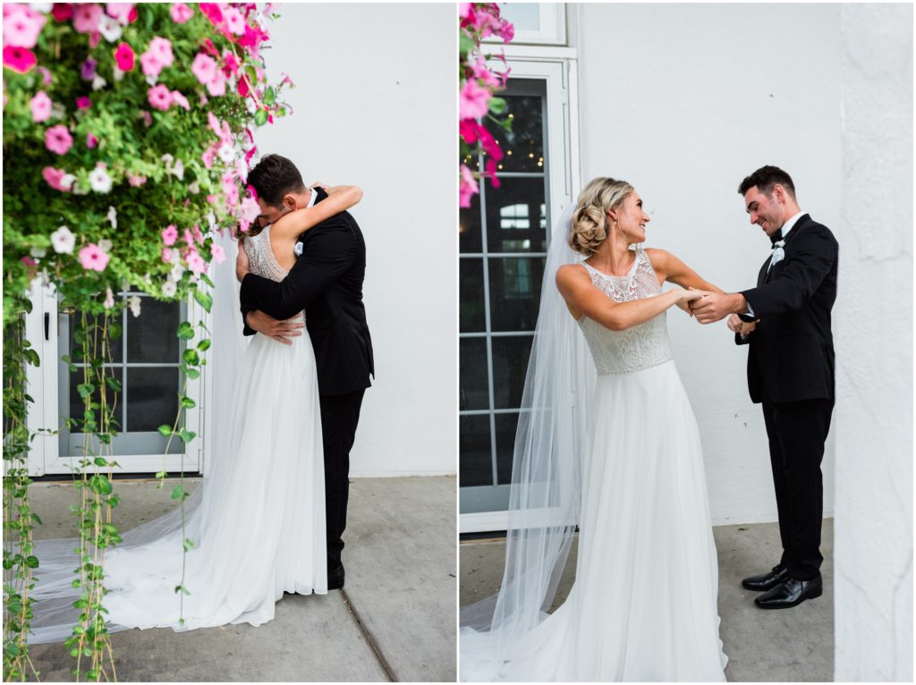 First look reaction between bride and groom.