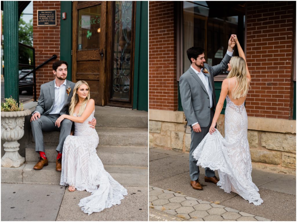 Bride and groom portraits downtown Stillwater, MN.