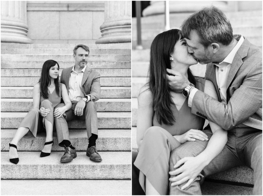 Couple looking in the distance and kissing on stairs.