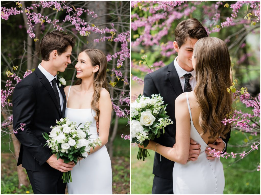 Bride and groom holding each other with purple flowers wrapped around them | SARAH & LUKE Gretchen Yell Photography.
