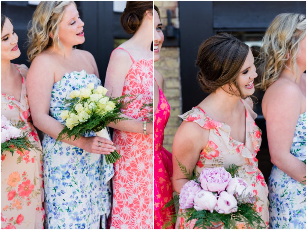 Bridesmaids in floral dresses.