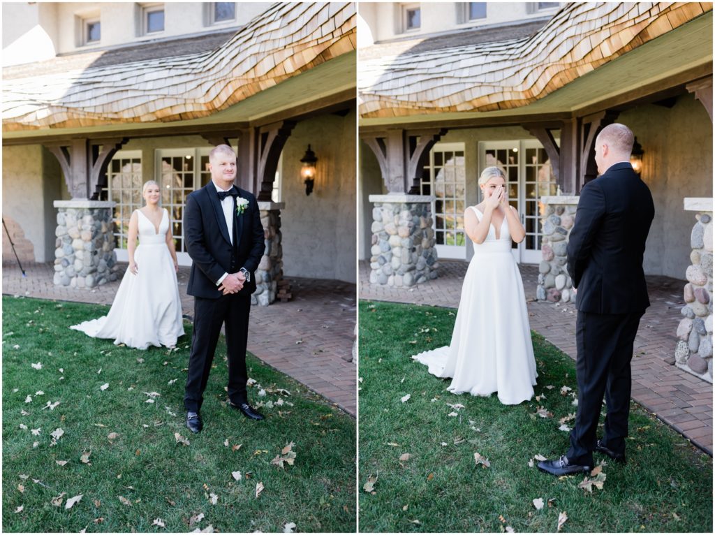 Bride approaching groom for first-look | Bavaria Downs Wedding Photography by Gretchen Yell