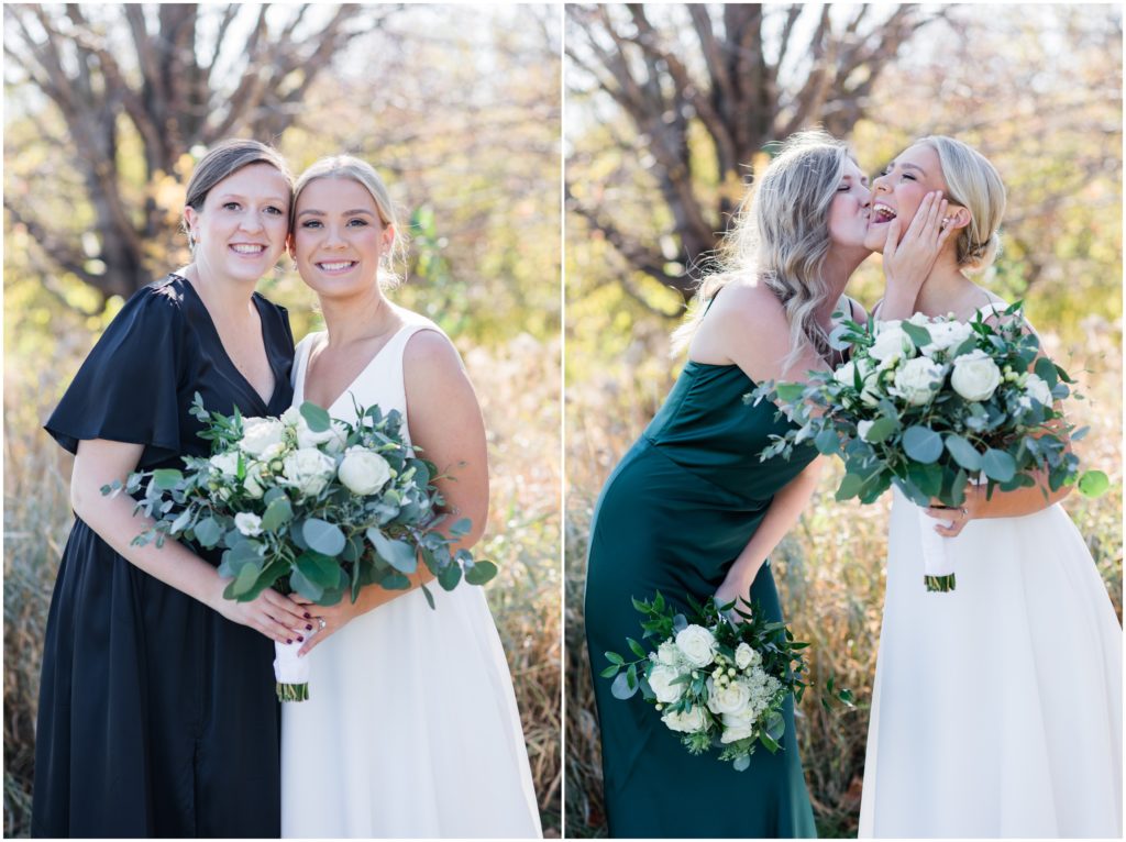 Bride posing with two different bridesmaids.