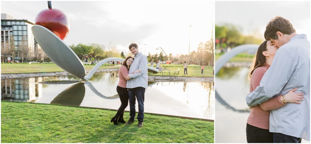 Couple pose and kiss in front of Spoonbridge and Cherry