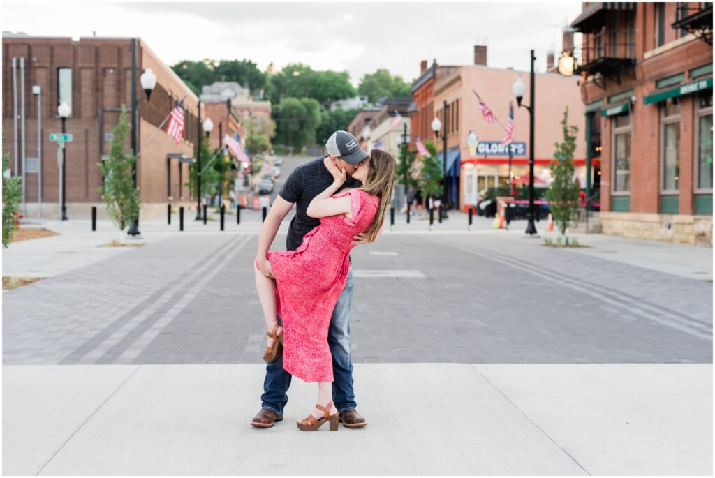 Couple doing a dip kiss in Stillwater, MN.