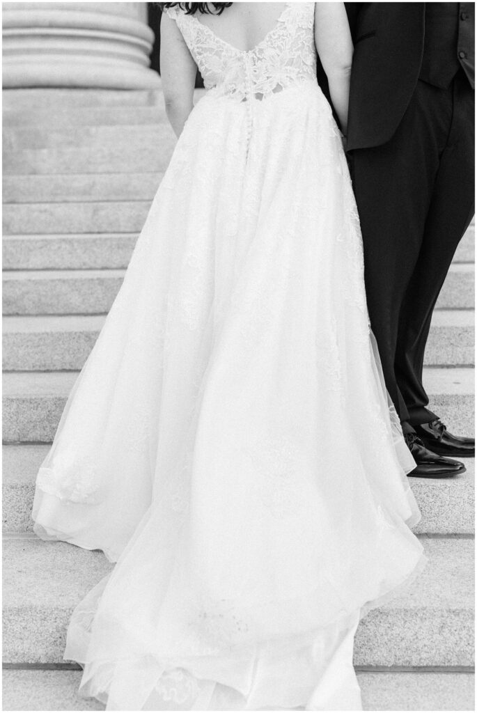 Bride's dress detail at the steps of the Minneapolis Institute of Art