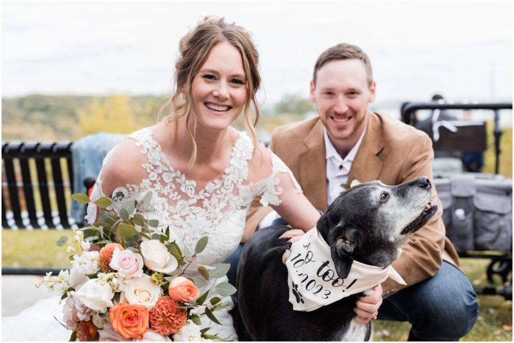 Bride and groom with their dog with a banner around his neck. 