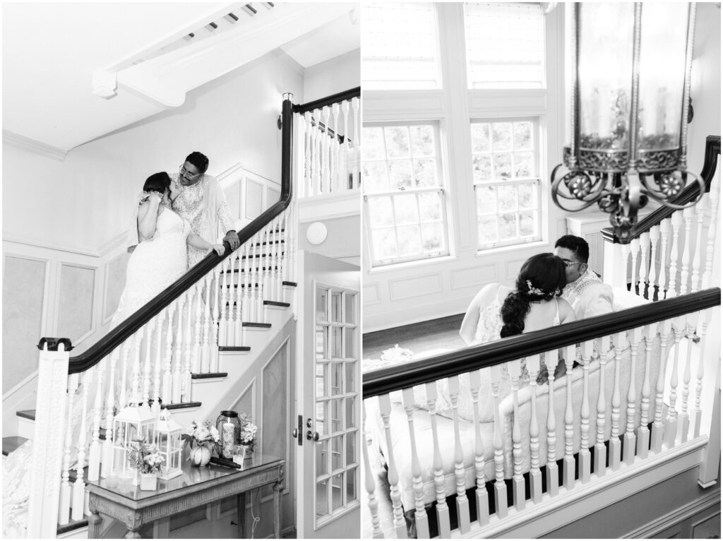 The bride and groom on the staircase of Cheney Mansion.