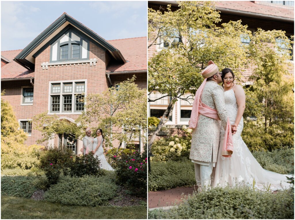 Bride and groom pose and kiss in front of Cheney Mansion in Oak Park, IL.