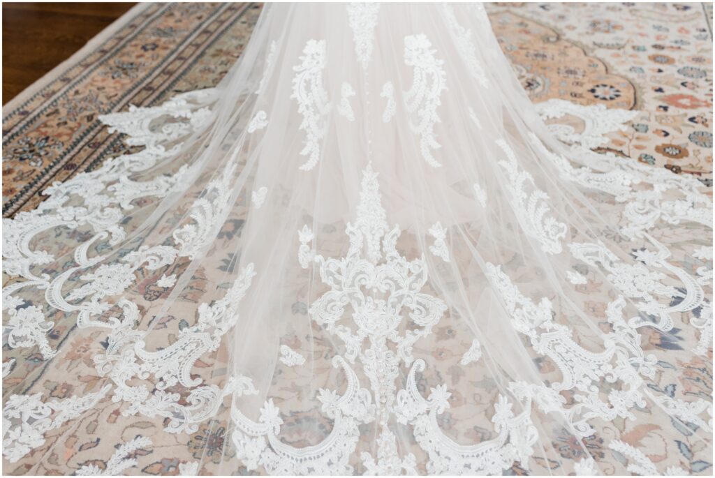 The back of a wedding dress at Cheney Mansion.
