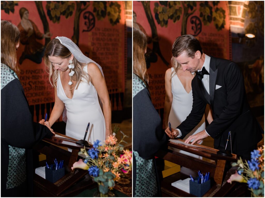 The bride and groom sign their marriage license in Copenhagen. 