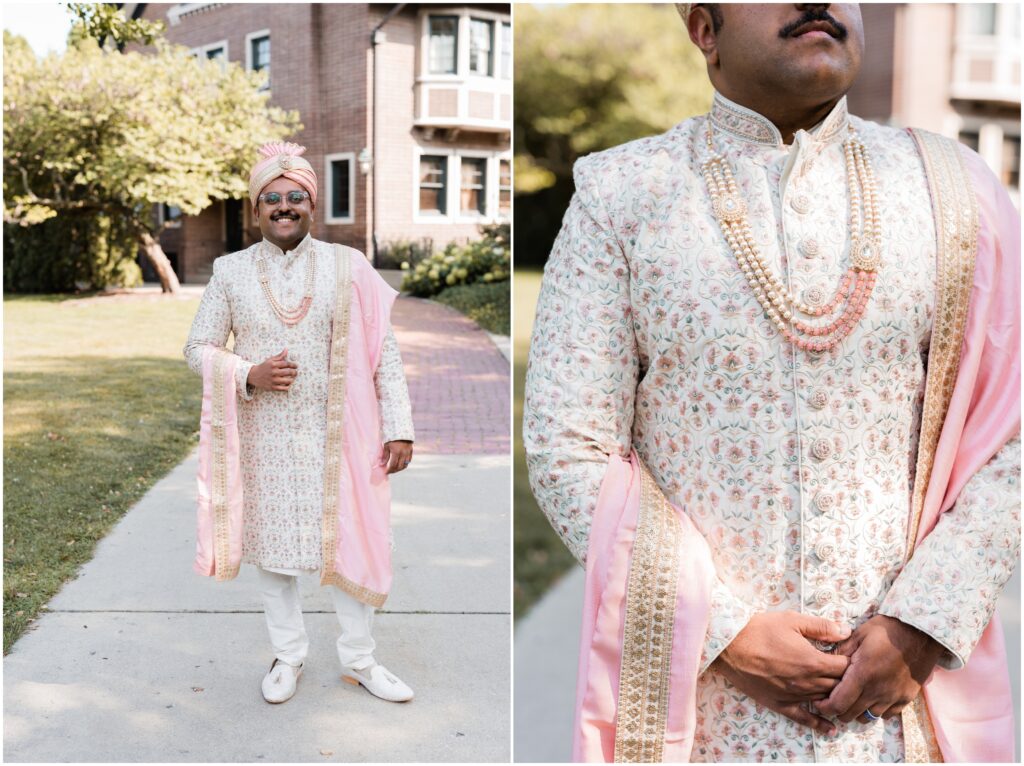 Groom portraits in his pink and white shervani at Cheney Mansion.