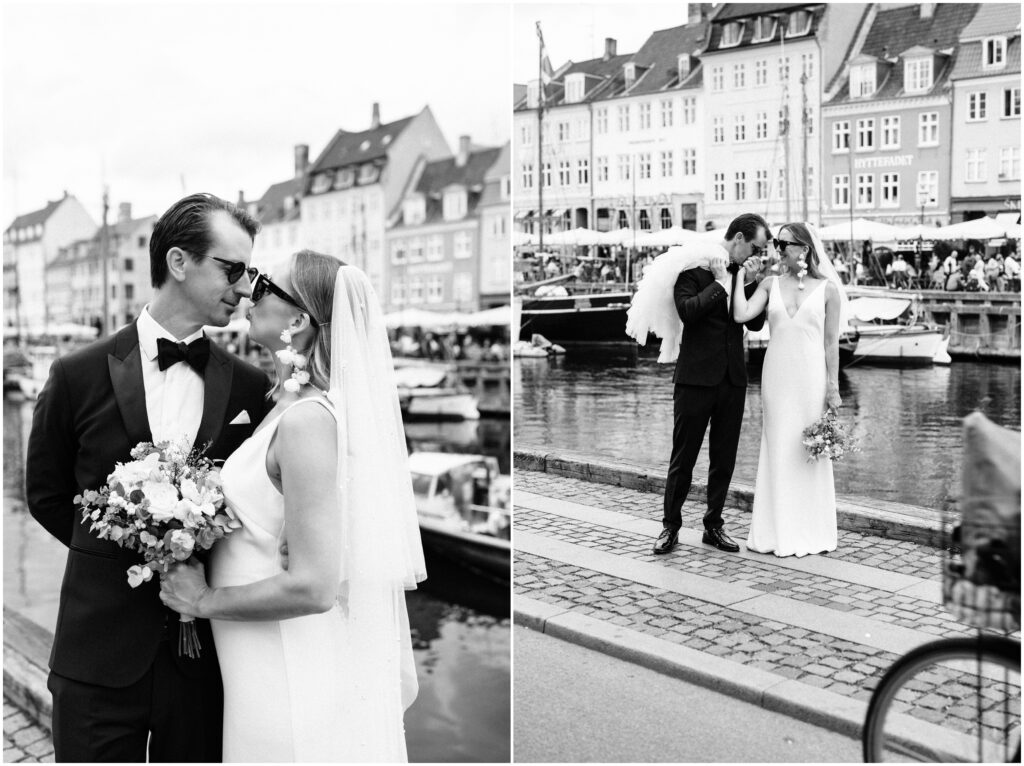 Bride and groom kiss at Nyhavn, Copenhagen elopement.