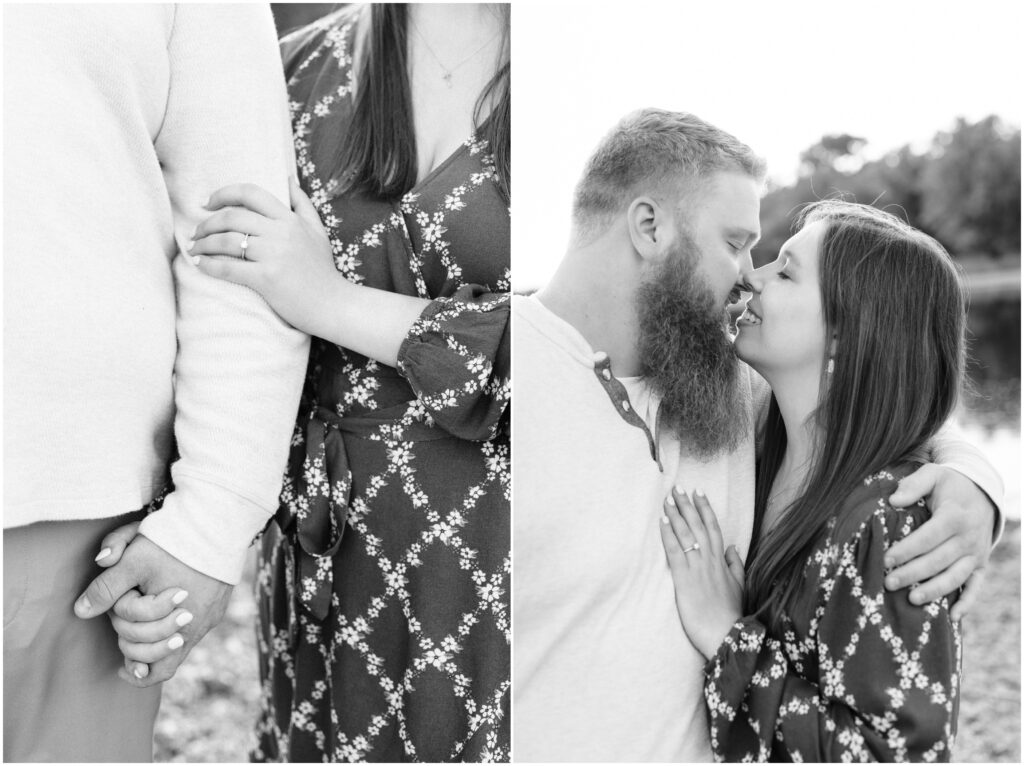 Black and white images of an engaged couple holding each other at Otsego County Park. 