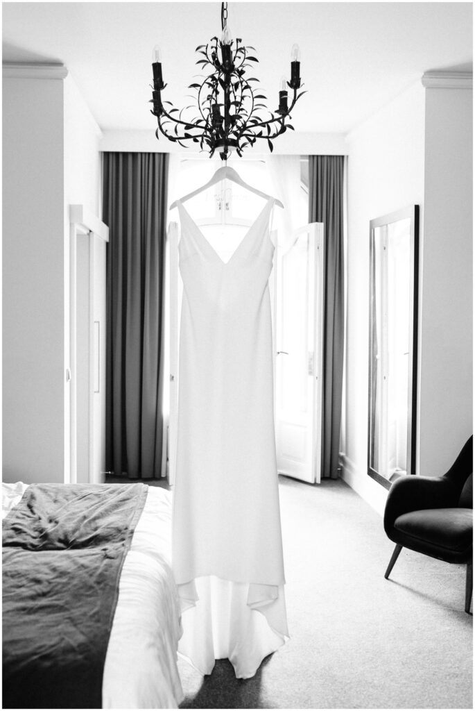 The bride's dress hanging in the bridal suite of Scandic Palace Hotel. 
