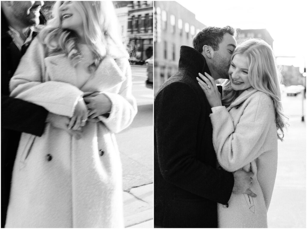 A couple hugs and he kisses her temple downtown Minneapolis.
