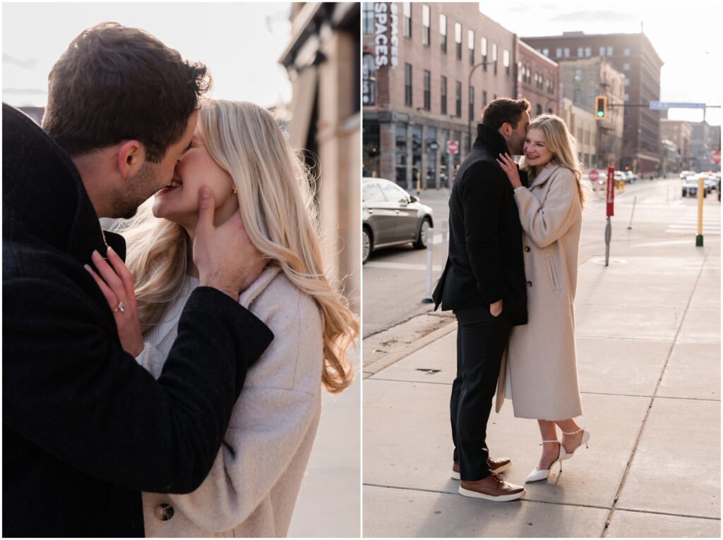 A couple kisses and cuddles downtown Minneapolis during New York style photoshoot. 