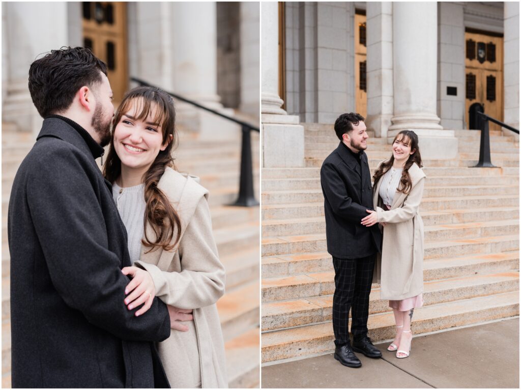 Engagement photos at the Basilica of Saint Mary with a couple holding each other and smiling. 